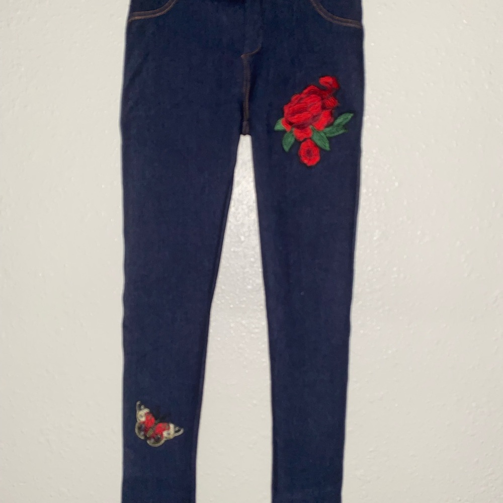 Blue Skinny Jeans with Red Floral Embroidery